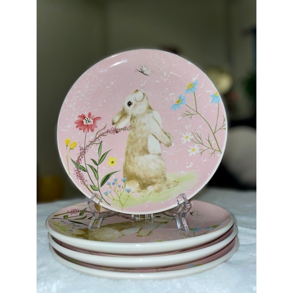 Potters Studio Set of 4 Pink Easter Bunny Spring Pastel Floral Appetizer Plates - Picture 1 of 7